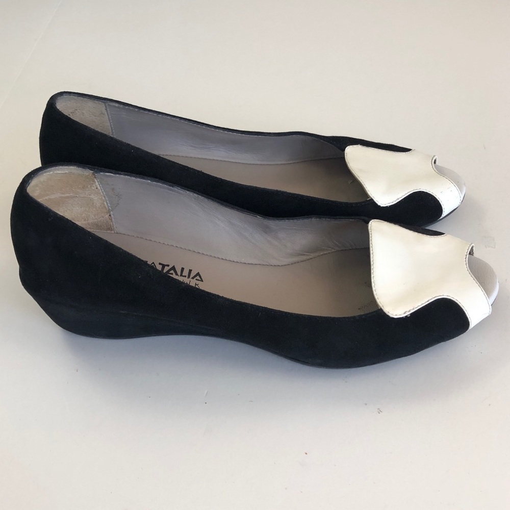 Aquatalia Black Suede White Patent Toe Wedge Flat
